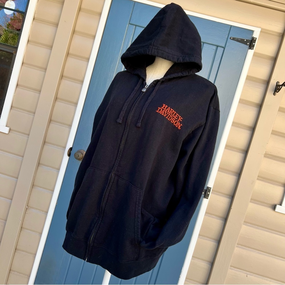 Harley-Davidson Black Hoodie with Orange Skull Design Men Size Large - Picture 3 of 8
